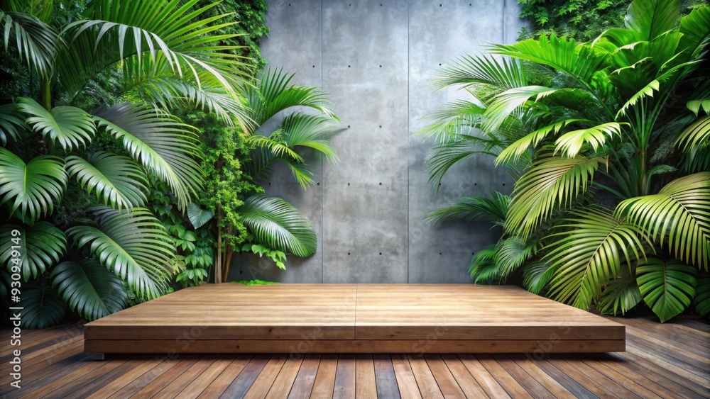 Wooden platform surrounded by lush tropical foliage against a concrete wall, wood, platform, tropical, foliage, lush Wooden platform surrounded by lush tropical foliage against a concrete wall, wood, platform, tropical, foliage, lush