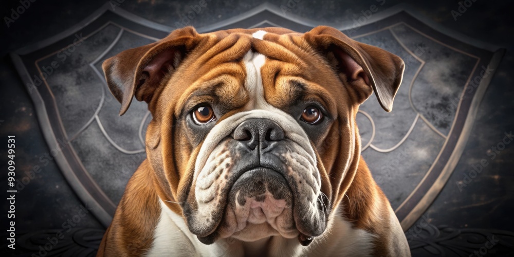 Obraz premium Fierce bulldog with a menacing expression in front of a police badge, bulldog, vicious dog