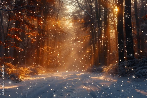 Serene Snow-Covered Forest with Delicate Snowflakes Falling in Peaceful Winter Landscape