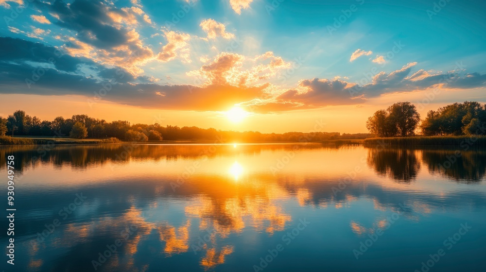 sunset at coast of the lake. Nature landscape. Nature in northern Europe. reflection, blue sky and yellow sunlight. landscape during sunset , ai sunset at coast of the lake. Nature landscape. Nature in northern Europe. reflection, blue sky and yellow sunlight. landscape during sunset , ai