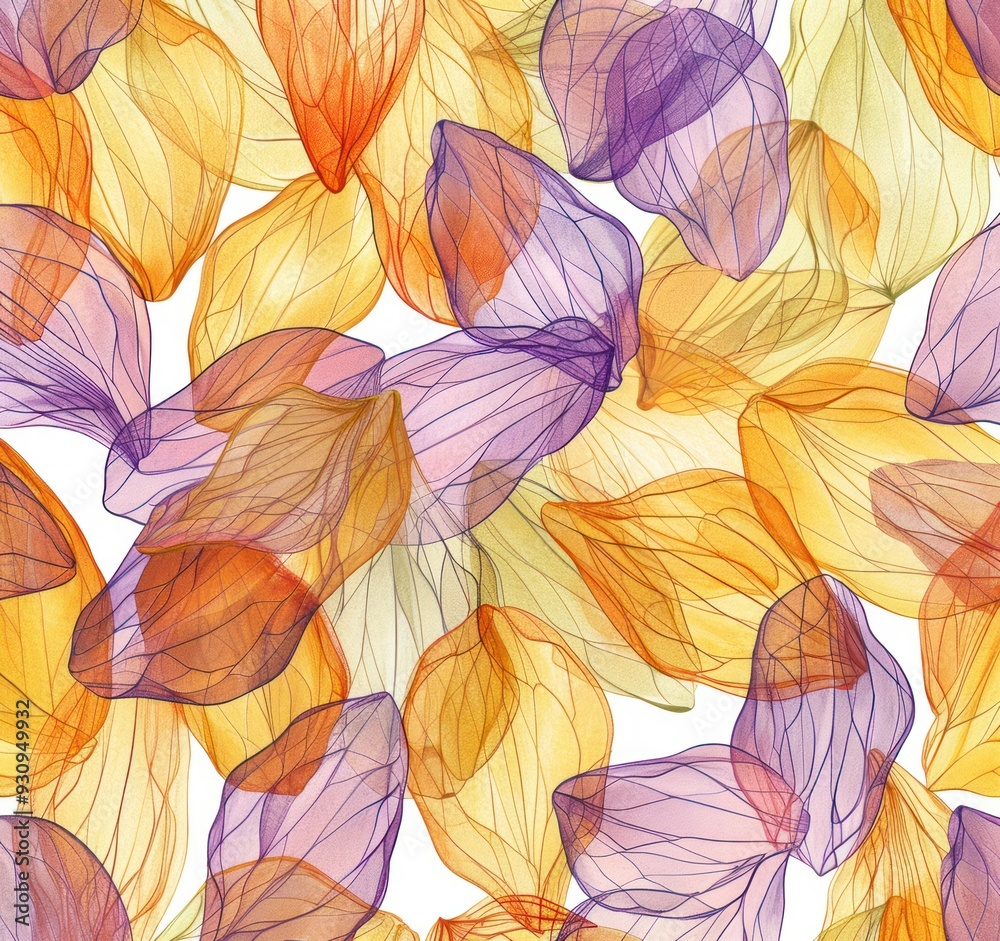 high resolution, clipart style. A seamless pattern of flower petals on a white background. The flower petals should have a random color and be intricately detailed with the texture of real flower. 157 high resolution, clipart style. A seamless pattern of flower petals on a white background. The flower petals should have a random color and be intricately detailed with the texture of real flower. 157