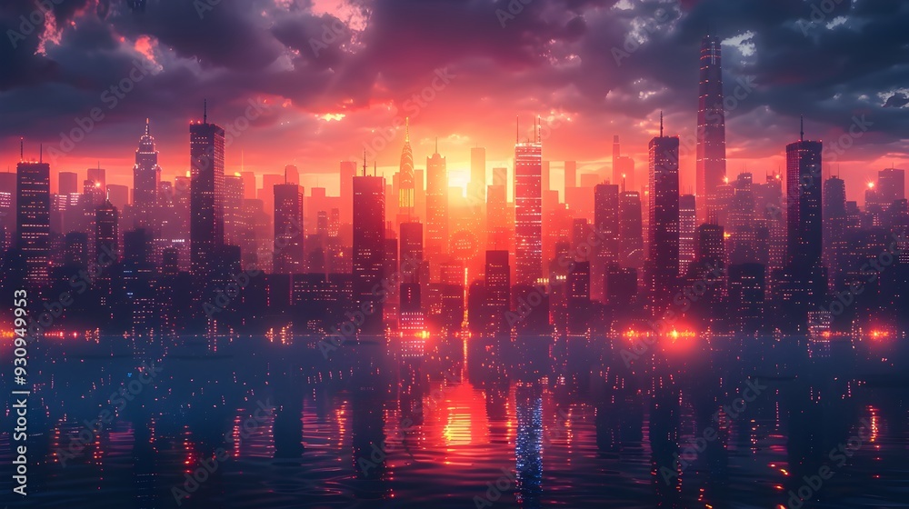 Fototapeta premium Futuristic Cityscape with Glowing Neon Lights and Skyscrapers at Night