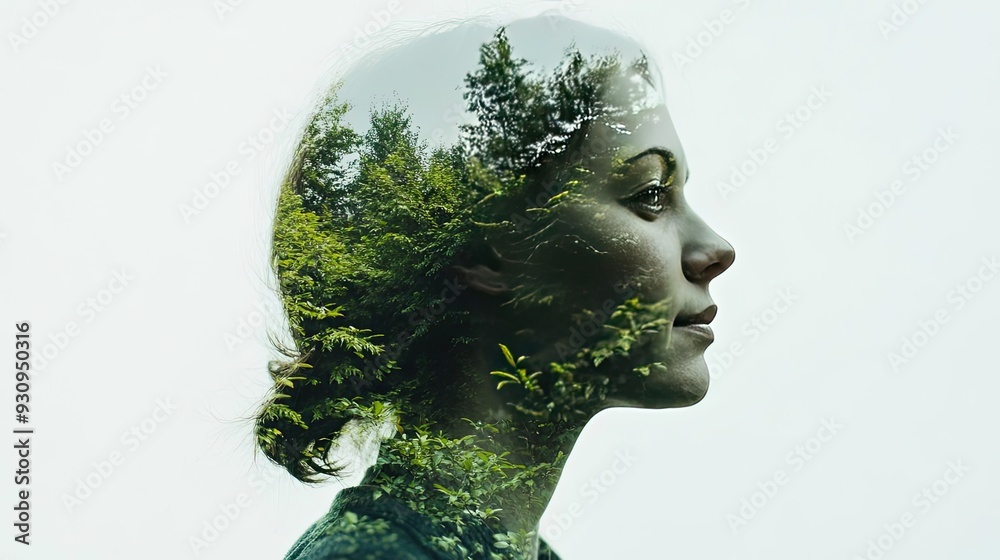A serene double exposure portrait of a woman, blending her profile with lush greenery, symbolizing harmony with nature. A serene double exposure portrait of a woman, blending her profile with lush greenery, symbolizing harmony with nature.
