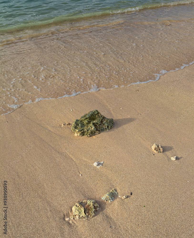 Obraz premium Green Ocean Waves on a Tan Sand Beach with Coral Rocks in Waikiki, Hawaii.
