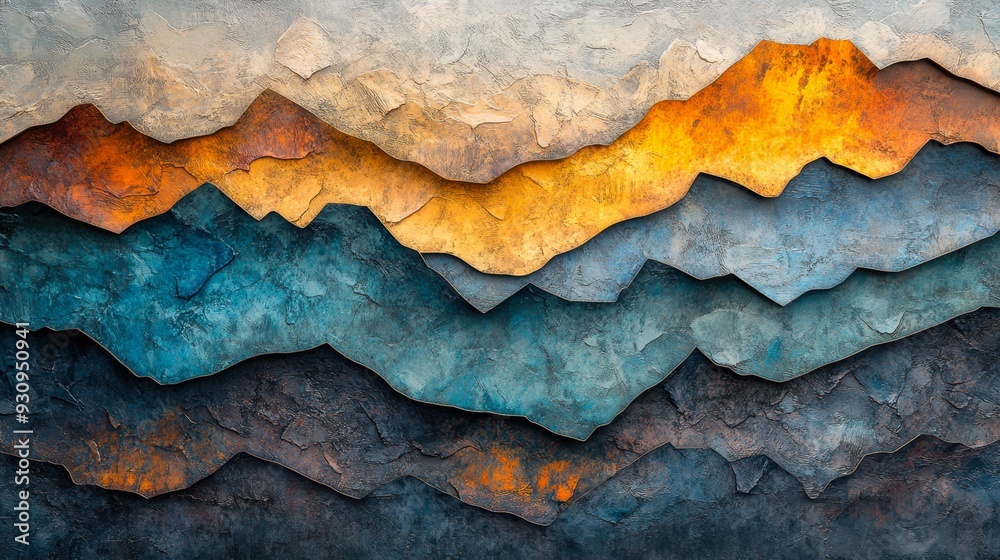 Abstract painting of layered mountains in vibrant earth tones, ideal for wall art, design inspiration, or publications on nature and geology Abstract painting of layered mountains in vibrant earth tones, ideal for wall art, design inspiration, or publications on nature and geology