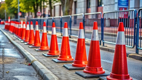 Red cones set up on pedestrian crossing during road repairs with fences in background, red cones, pedestrian crossing