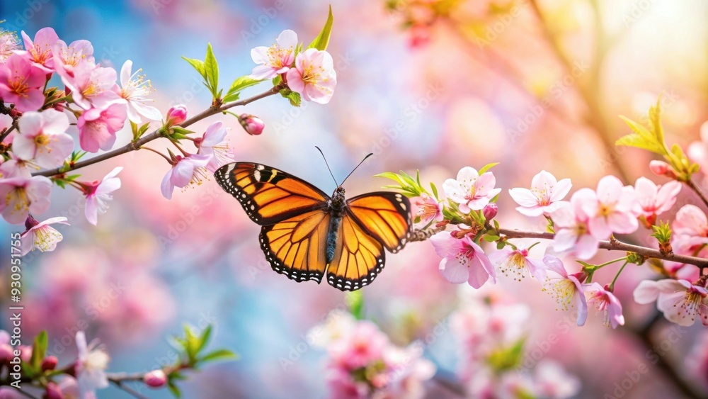 Butterfly fluttering amidst blooming flowers in a spring garden, butterfly, spring, garden, floral, nature, blooming