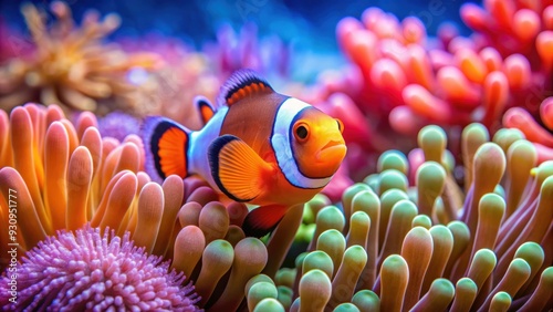 Fototapeta Naklejka Na Ścianę i Meble -  Vibrant clown fish swimming among colorful coral reef in a macro underwater scene, Clownfish, Coral reef, Underwater, Macro