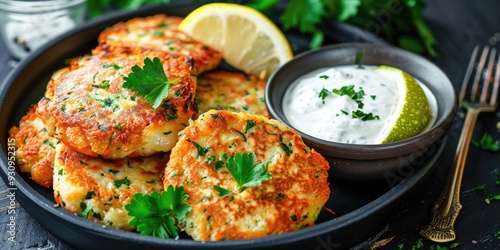 Zucchini and Carrot Vegetarian Fritters or Cutlets with Fresh Parsley Lemon and Yogurt Sauce