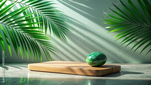 Green marble and wood platform with stones casting a shadow of a palm leaf, green, marble, wood, platform, stones, shadow photo