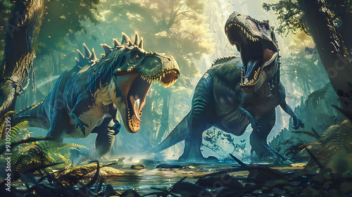 Fototapeta Naklejka Na Ścianę i Meble -  Ferocious prehistoric dinosaurs unleash their primal aggression and raw power within the lush untamed confines of a dense ancient jungle wilderness