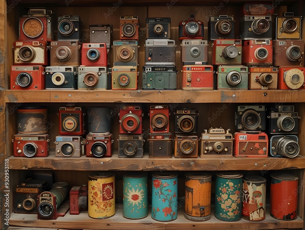 Fototapeta premium Vintage Retro Collection on Wooden Shelf,Capturing Photography Nostalgia and Analog Treasures