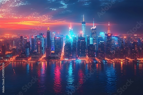 Vibrant Futuristic City Skyline at Night with Neon Lights and Modern Architecture photo