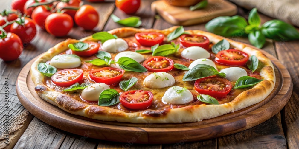 Caprese pizza with fresh tomato, basil, and mozzarella cheese on a background, Caprese, pizza, isolated,background, food Caprese pizza with fresh tomato, basil, and mozzarella cheese on a background, Caprese, pizza, isolated,background, food