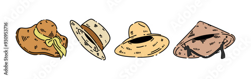 Set line drawing of straw hat, sun hat, farmer hat. Isolated on white background. Colored vector illustration.