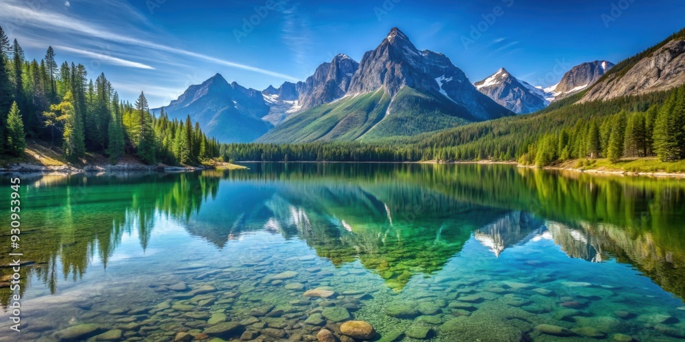 Fototapeta premium Mountain lake with crystal clear water and majestic mountains in the background, mountain, lake, water, clear, crystal