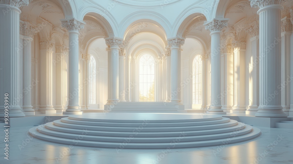 Fototapeta premium Grand Neoclassical Interior with Majestic Columns and Sunlit Arched Windows in Elegant White Marble Hall