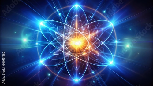 Abstract quantum physics concept with glowing atomic particle, quantum, physics, abstract, concept, glowing