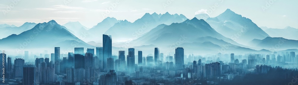 A stunning urban skyline with majestic mountains in the background, creating a serene and dreamy atmosphere at dawn. A stunning urban skyline with majestic mountains in the background, creating a serene and dreamy atmosphere at dawn.