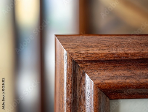 A detailed close-up of a mahogany wood picture frame's corner, highlighting the texture and craftsmanship of the wood. The background is blurred, with soft, natural lighting emphasizing the frame's
