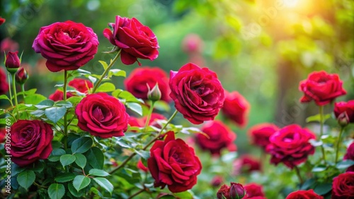 Bush of beautiful red burgundy rose flowers in a garden, red, burgundy, rose, flowers, garden, plant, blooming, nature