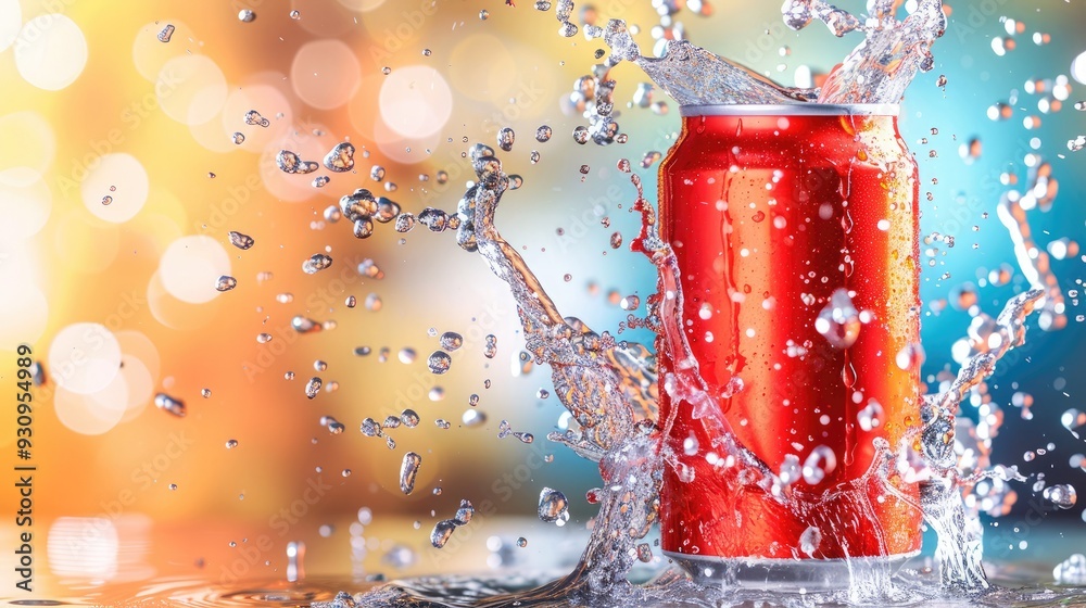 A refreshing red soda can splashes water, creating a vibrant and lively atmosphere, perfect for summer enjoyment. A refreshing red soda can splashes water, creating a vibrant and lively atmosphere, perfect for summer enjoyment.