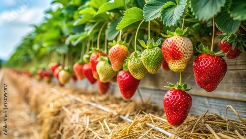 Ripe and unripe strawberries hanging on bushes in a plantation with rows of strawberry shrubs and straw between them, Strawberries