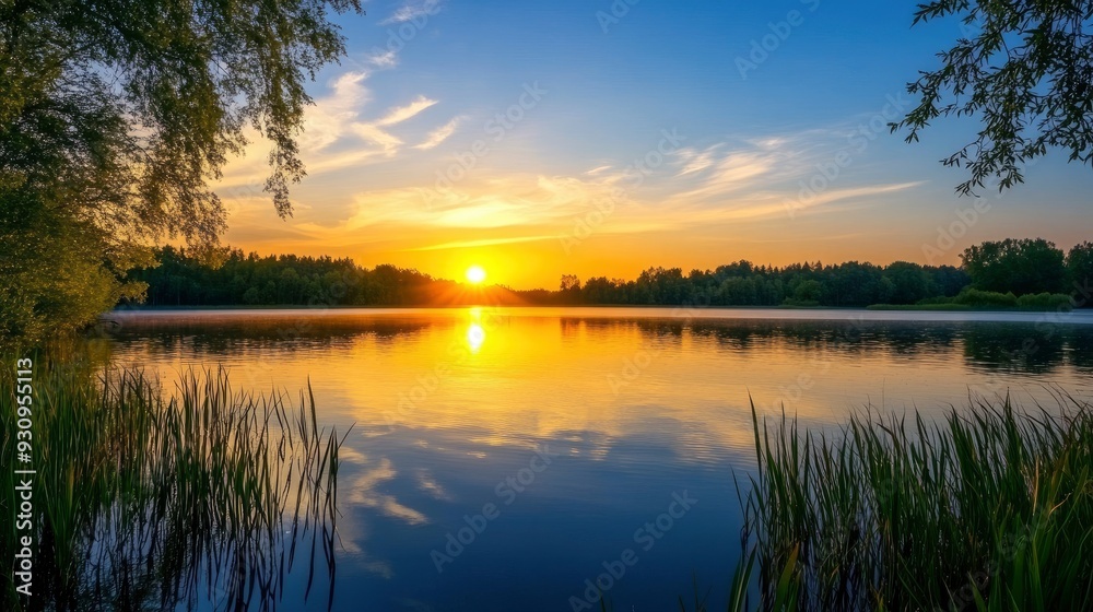 Obraz premium sunset at coast of the lake. Nature landscape. Nature in northern Europe. reflection, blue sky and yellow sunlight. landscape during sunset , ai