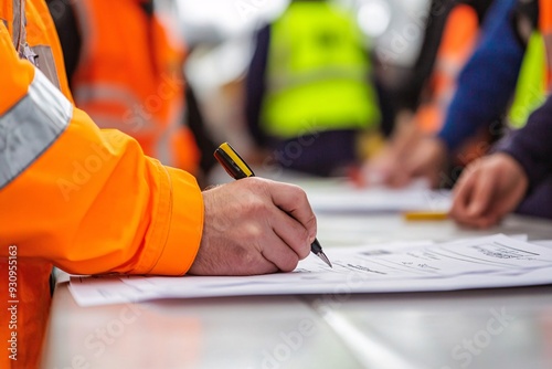 Working at heights permit book placing on the table, defocused construction site supervisor reviewing job hazard analysis risk safety assessment prior approval and sign off work on open field