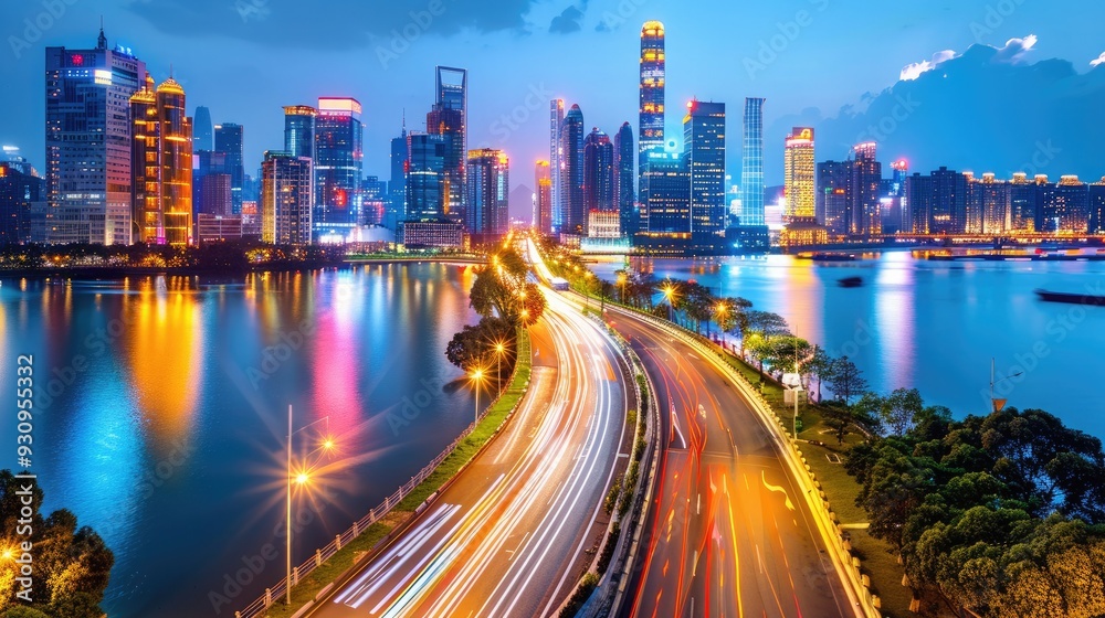 Obraz premium Stunning cityscape at night, showcasing vibrant lights, modern architecture, and a flowing river framed by a dynamic skyline.