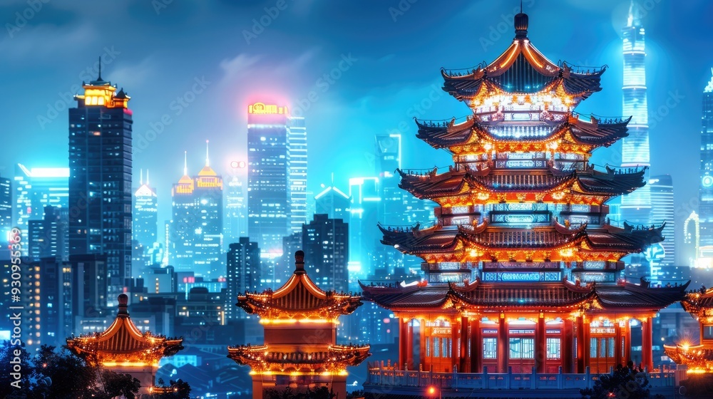 Fototapeta premium Stunning night view of a traditional pagoda illuminated against a vibrant city skyline, showcasing culture and modernity.
