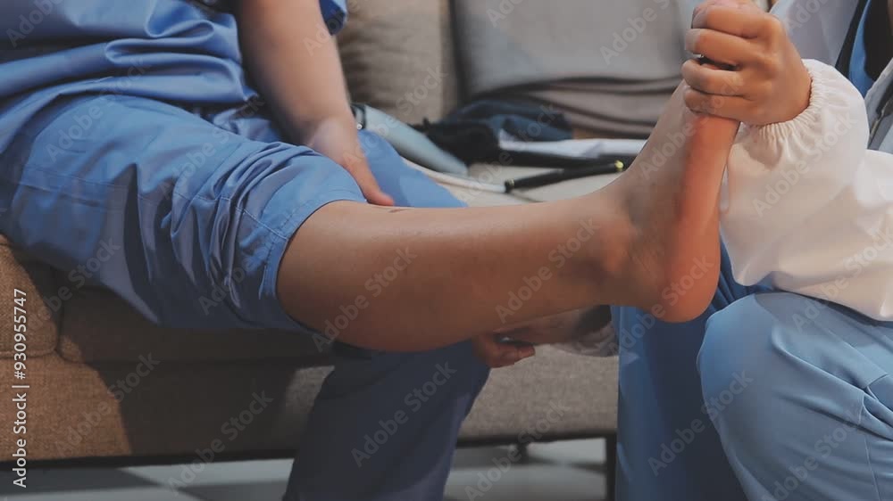 Physical therapists work with patients in close-up clinics. The concept of rehabilitation of physical health, the doctor gives advice to the patient. Ankle problems and muscle injuries Physical therapists work with patients in close-up clinics. The concept of rehabilitation of physical health, the doctor gives advice to the patient. Ankle problems and muscle injuries