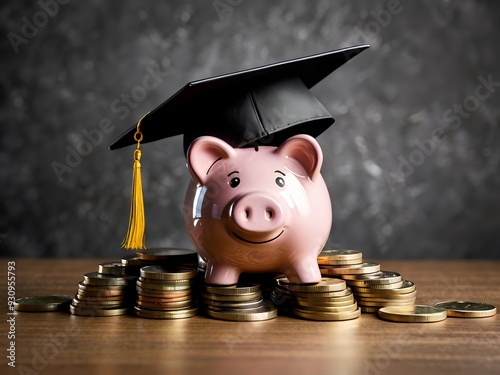 Piggy bank with coins and black graduation cap as a symbol of education loan