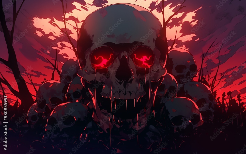 A large skull with glowing red eyes stands amongst a field of skulls against a fiery sunset. A large skull with glowing red eyes stands amongst a field of skulls against a fiery sunset.