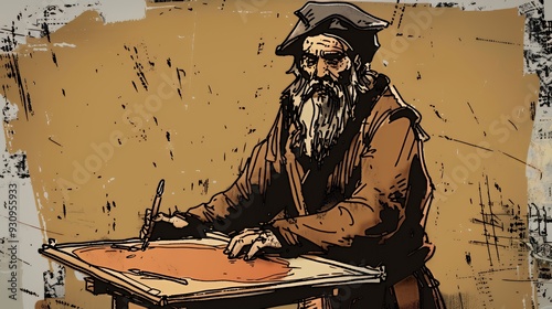 Ink illustration of an old bearded cartographer wearing a tricorn hat and drawing on parchment at a desk.