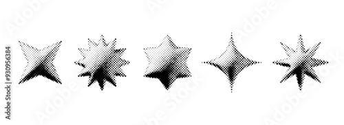 Black halftone grunge stars set. 3d dotted grainy star shape collection. Y2K bitmap gradient elements bundle. Pixel comic burst and sparkle design elements for poster, banner, flyer. Vector pack