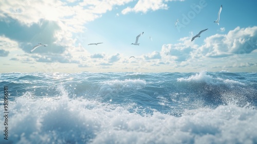 Offshore wind farm with seagulls flying above, ocean waves, 3D illustration
