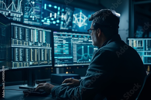 A man in a dark jacket and glasses sits in front of multiple computer monitors displaying data and graphs in a dark room, working late at night.