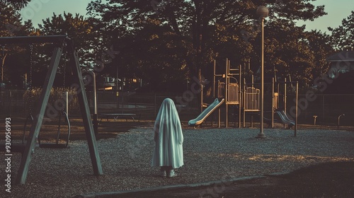 Vintage style photo of a child dressed as a ghost, standing near a suburban playground at dusk, with the empty swings and slides casting long, eerie shadows in the fading light photo