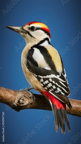 Blonde-capped Woodpecker Perched on a Branch and Blue Background, Wallpaper, Cover and Screen for Smartphone, Cell Phone, Computer, Laptop 