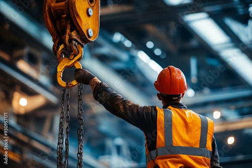 Rope access rigger wearing harness safety helmet heavy duty glove abseiling working in fall arrest position commencing using a lifting chain block hoist lifting a heavy load 