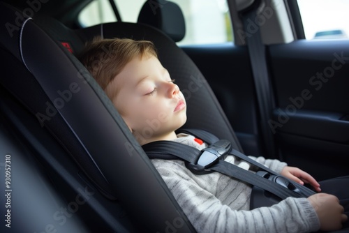 Serene travel - young child sleeping peacefully in car child seat, illustrating concept of safe road transport, highlighting importance of child safety, comfort during long journeys on road.