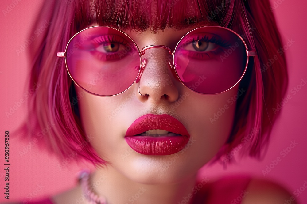 Close-up portrait of a woman with bright pink hair and round pink sunglasses looking confidently at the camera. Close-up portrait of a woman with bright pink hair and round pink sunglasses looking confidently at the camera.