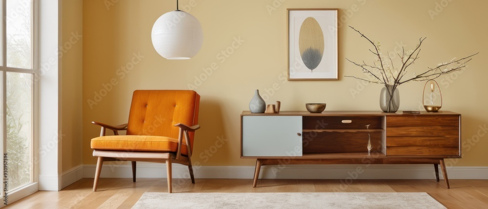 Cozy and stylish mid-century modern living room featuring vintage furniture, vibrant yellow accents, and unique decorative elements, creating a warm and inviting atmosphere. Cozy and stylish mid-century modern living room featuring vintage furniture, vibrant yellow accents, and unique decorative elements, creating a warm and inviting atmosphere.