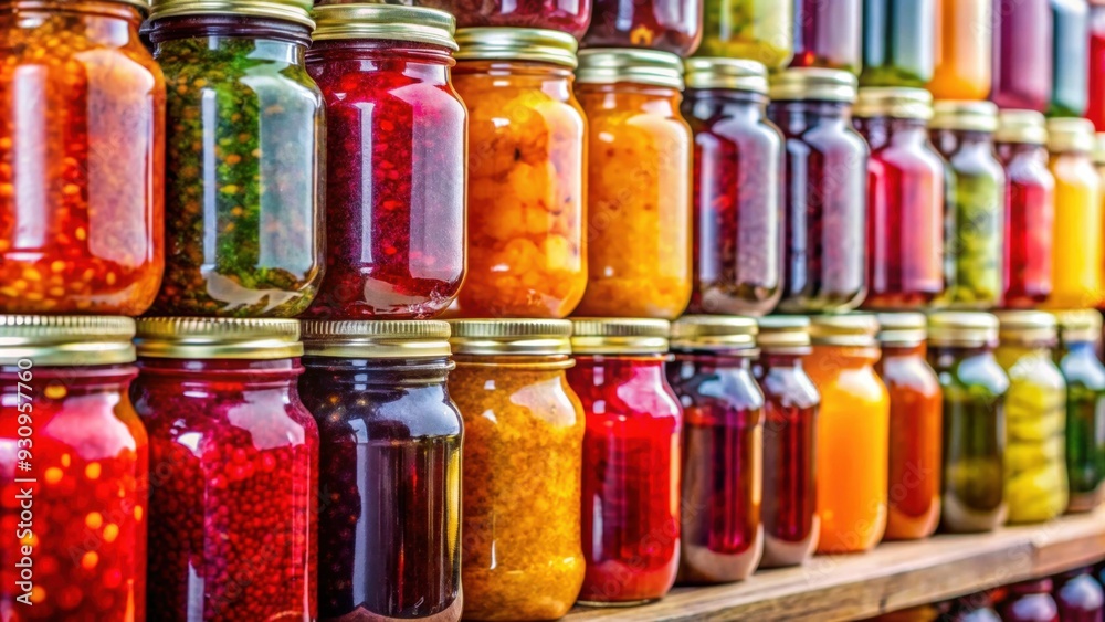 Colorful jars of jams and preserves on display , jars, colorful, preserves, jams, variety, display, food, sweet Colorful jars of jams and preserves on display , jars, colorful, preserves, jams, variety, display, food, sweet