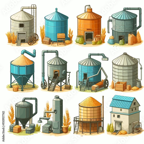 Vector illustration of a traditional Mongolian ger tent and gas storage tank with a blue sky background