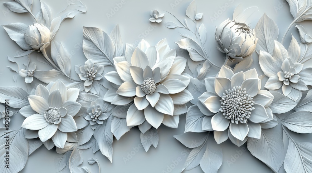 This intricate and beautifully designed 3D model of vintage flowers and leaves creates a stunning and mesmerizing fantasy wallpaper effect that enhances any space with its unique charm