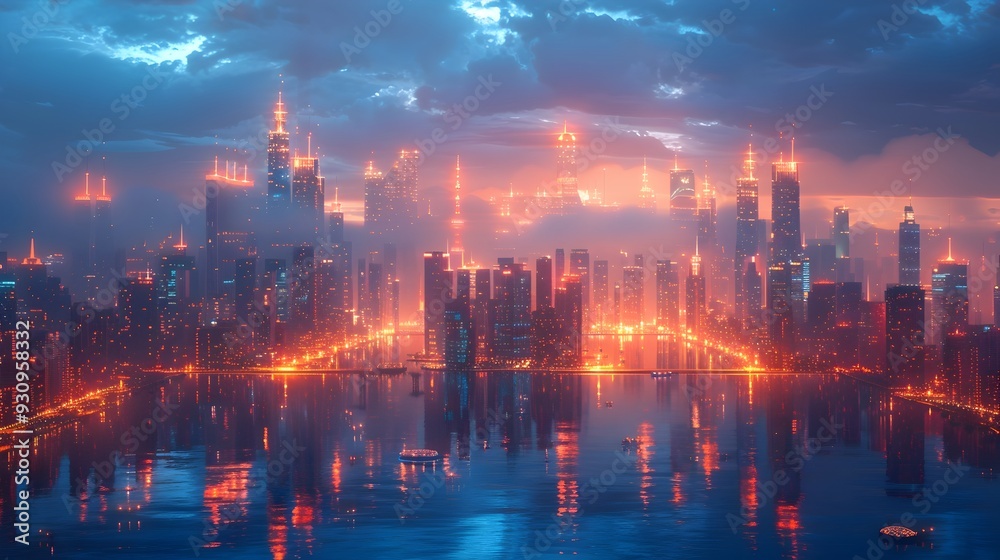 Futuristic high-tech skyline with sleek architecture and glowing lights in a modern metropolitan city Futuristic high-tech skyline with sleek architecture and glowing lights in a modern metropolitan city
