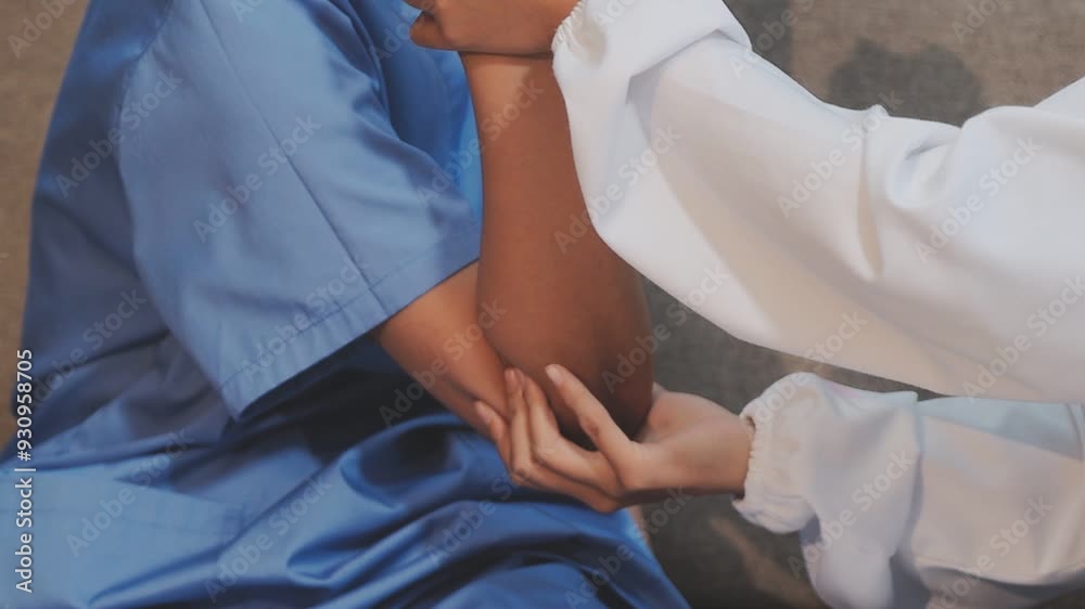 Physical therapist working with patient on arm exercises in rehab, focusing on recovery and improvement in a clinic setting. Physical therapist working with patient on arm exercises in rehab, focusing on recovery and improvement in a clinic setting.