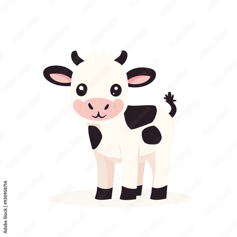 A cute cartoon cow with black and white spots, smiling and standing on a white background, perfect for children's themes. A cute cartoon cow with black and white spots, smiling and standing on a white background, perfect for children's themes.